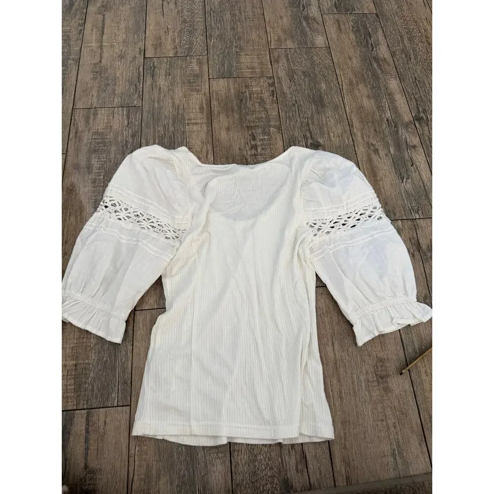 Free People Something Special Tee Size S Ivory Stretch Floral Lace Puff Sleeve
